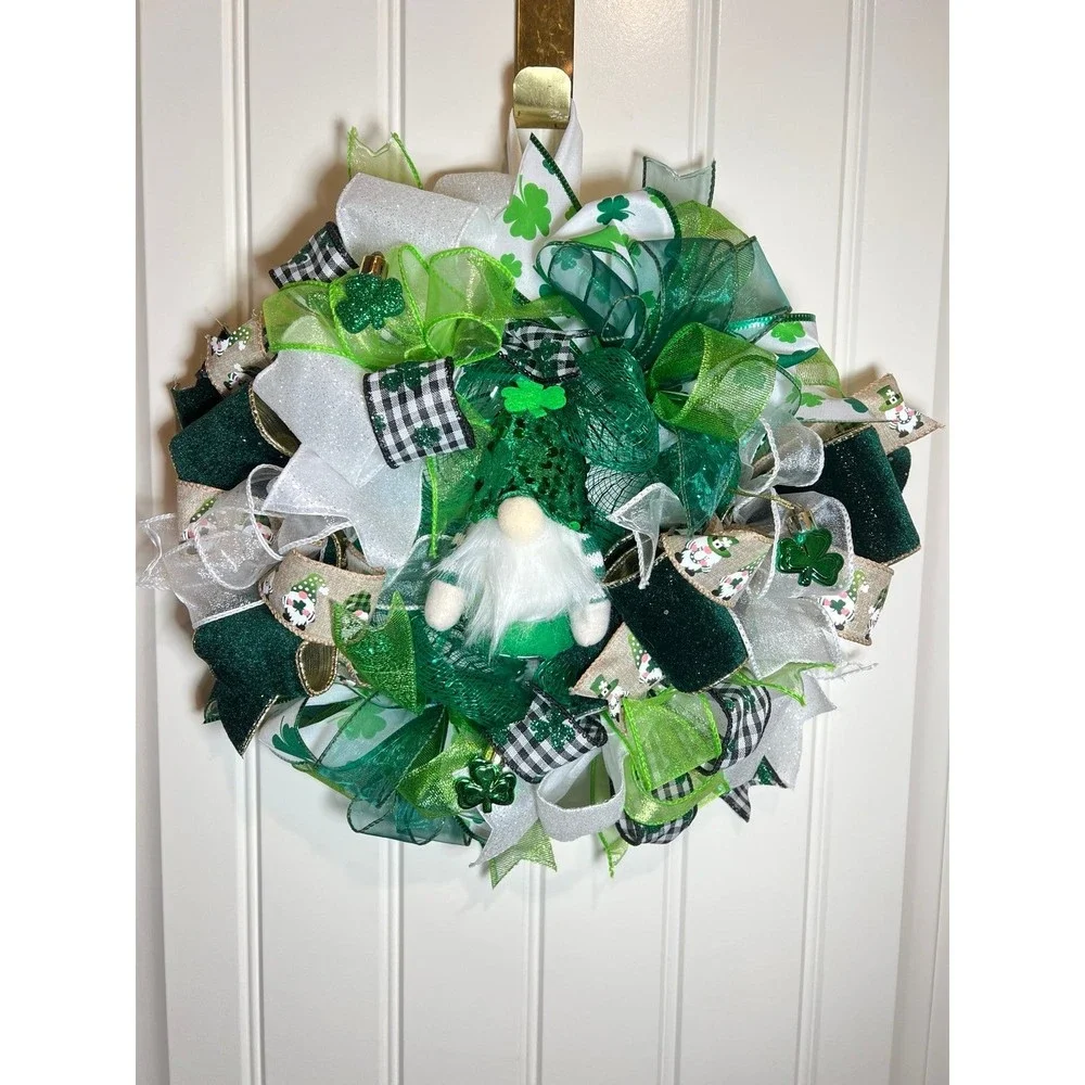 13” St. Patrick’s Day Ribbon Wreath Gnomes : Green & White Handmade MW10